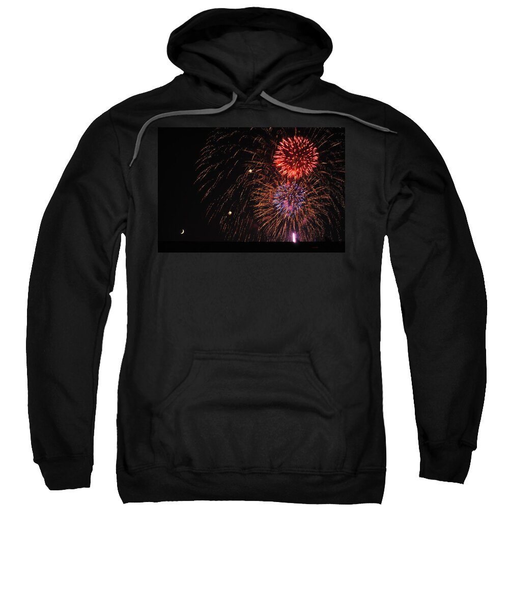 Fireworks Sweatshirt featuring the photograph Fireworks w Moon by Glory Ann Penington