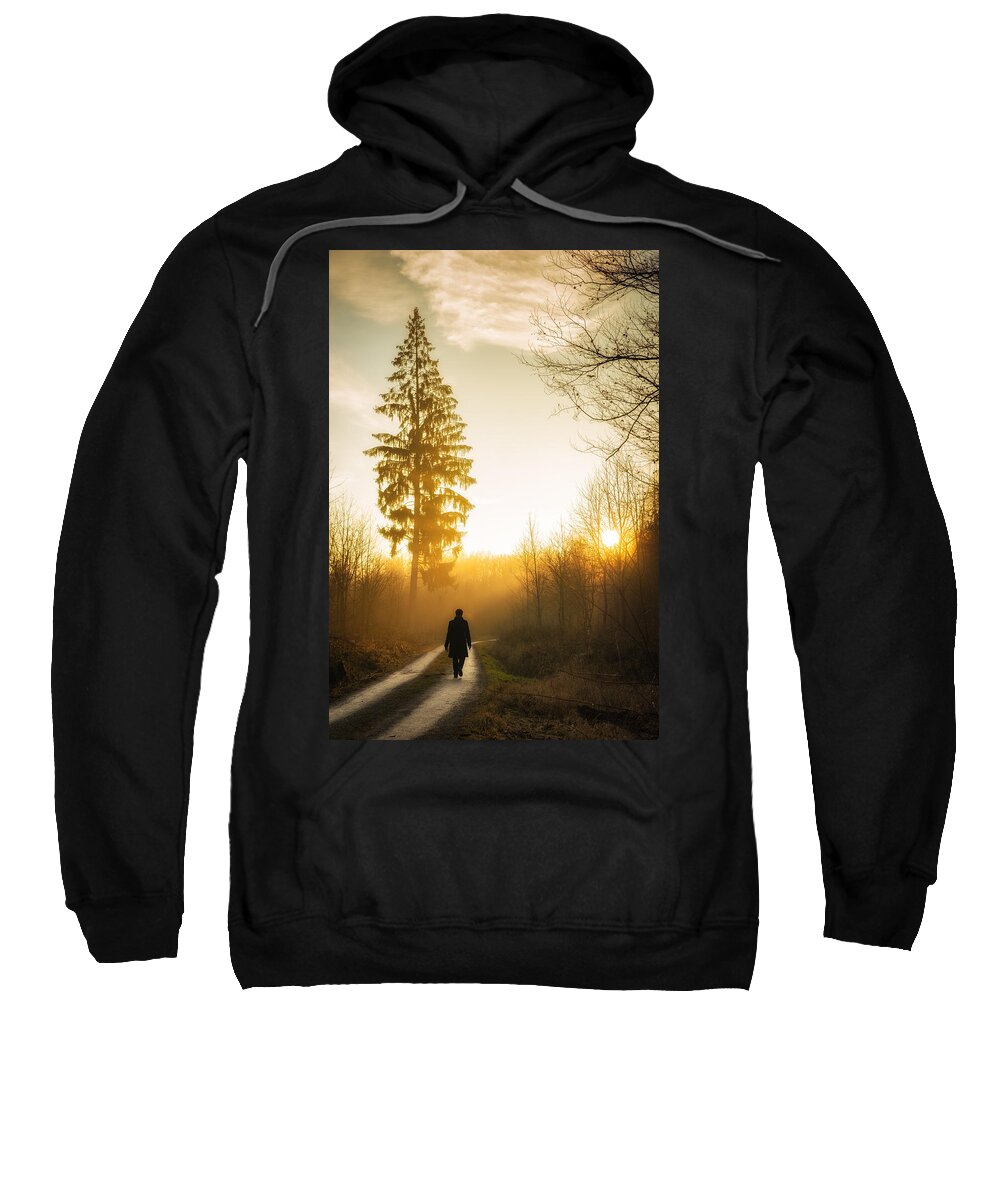 Sunset Sweatshirt featuring the photograph Forest path into the warm orange sunset by Matthias Hauser