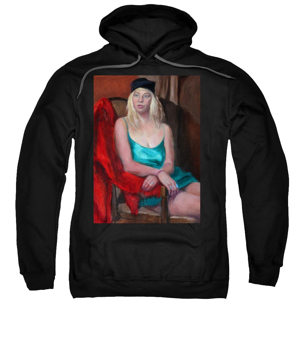 Portrait Sweatshirt featuring the painting Genevieve in the Black Hat by Marian Berg