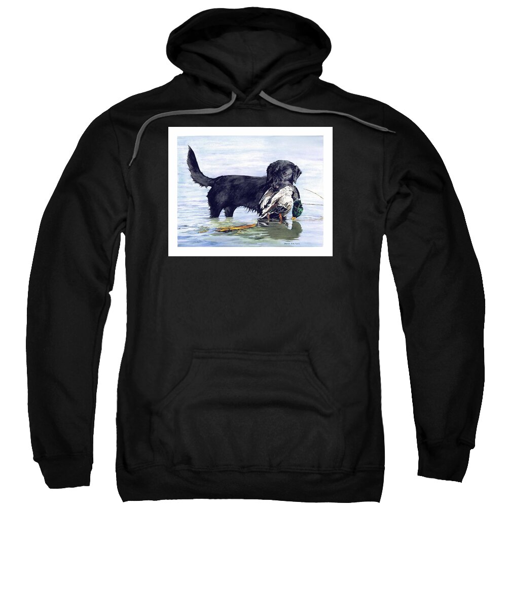 Black Retriever Dog Retrieving A Mallard. Sweatshirt featuring the painting His First Catch by Brenda Beck Fisher