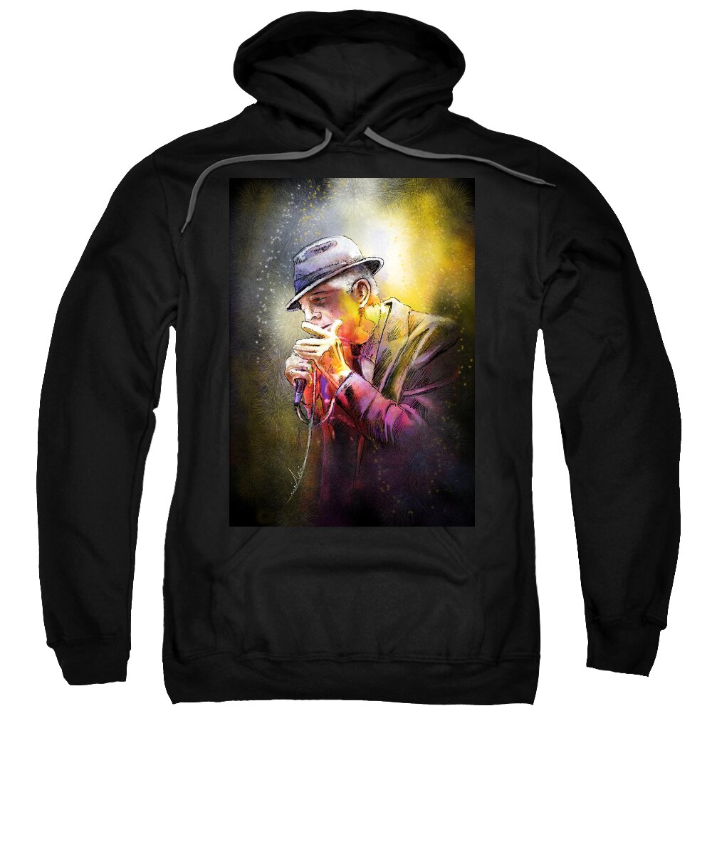 Leonard Cohen Sweatshirt featuring the painting Leonard Cohen 02 by Miki De Goodaboom