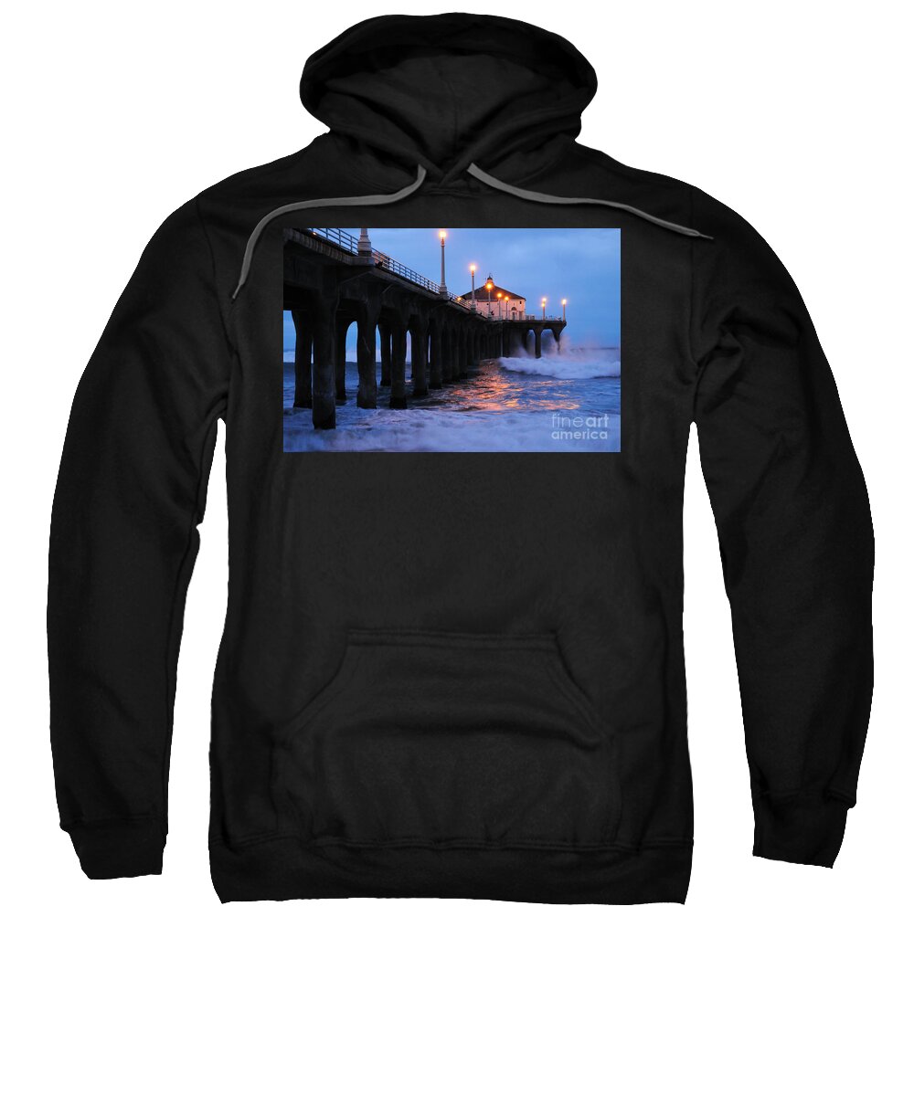 Manhattan Beach Pier Sweatshirt featuring the photograph Manhattan Beach Pier Crashing Surf by Vivian Christopher