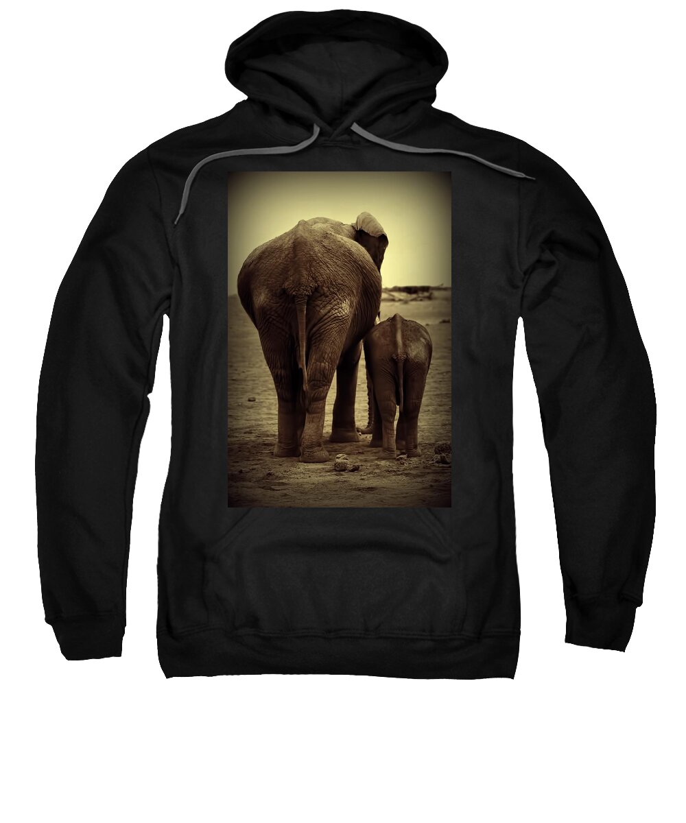 Mother And Baby Elephant Sweatshirt featuring the photograph Mother And Baby Elephant In Black And White by Amanda Stadther