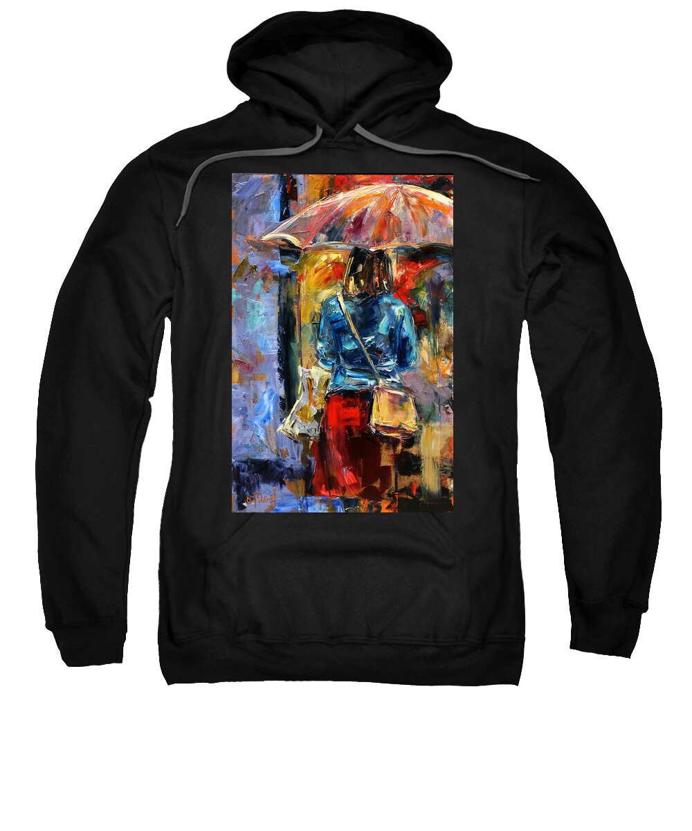 Rainy Street Scene Sweatshirt featuring the painting Rainy Day People #2 by Debra Hurd