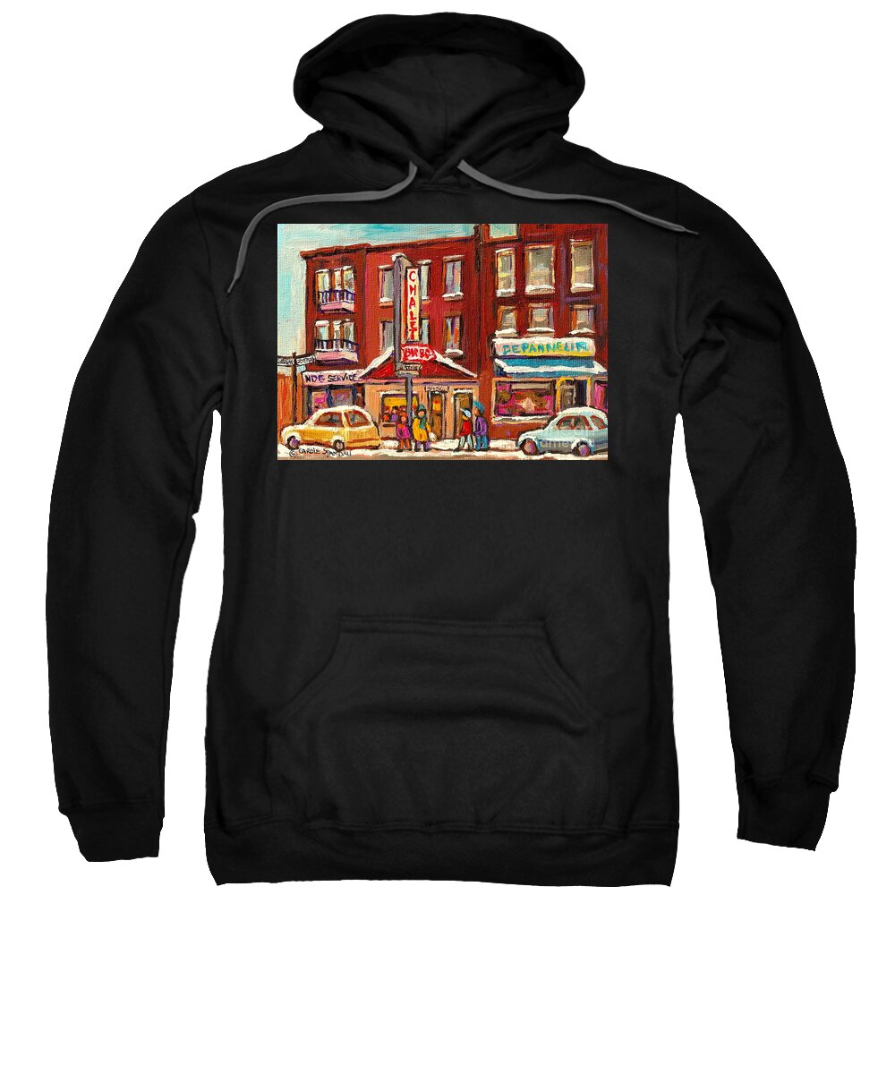 Montreal Sweatshirt featuring the painting Rotisserie Le Chalet Bar B Q Sherbrooke West Montreal Winter City Scene by Carole Spandau