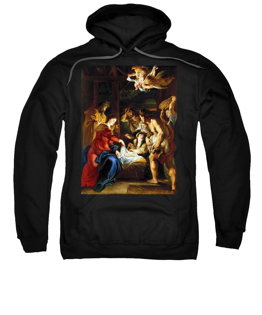 1608 Sweatshirt featuring the painting Adoration of the Shepherds by Peter Paul Rubens
