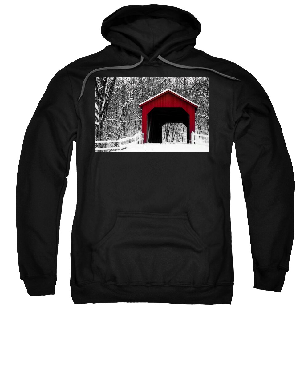 Sandy Creek Cover Bridge Sweatshirt featuring the photograph Sandy Creek Cover Bridge with a touch of Red by Peggy Franz