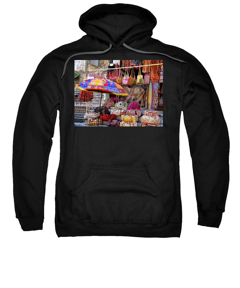 Shopping Sweatshirt featuring the photograph Shopping Colorful Bags Sale Jaipur Rajasthan India by Sue Jacobi