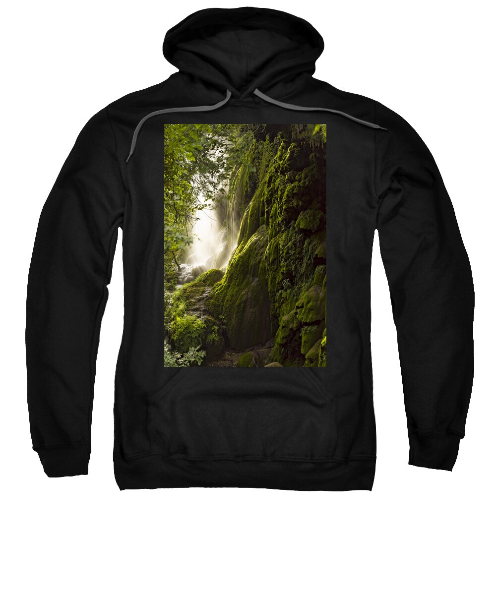 Gorman Falls Sweatshirt featuring the photograph Gorman Falls Ray Of Light by Jonathan Davison