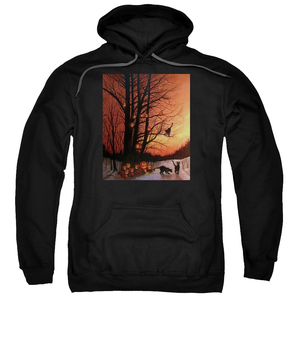 Black Cats Sweatshirt featuring the painting The Pumpkin Tree by Tom Shropshire