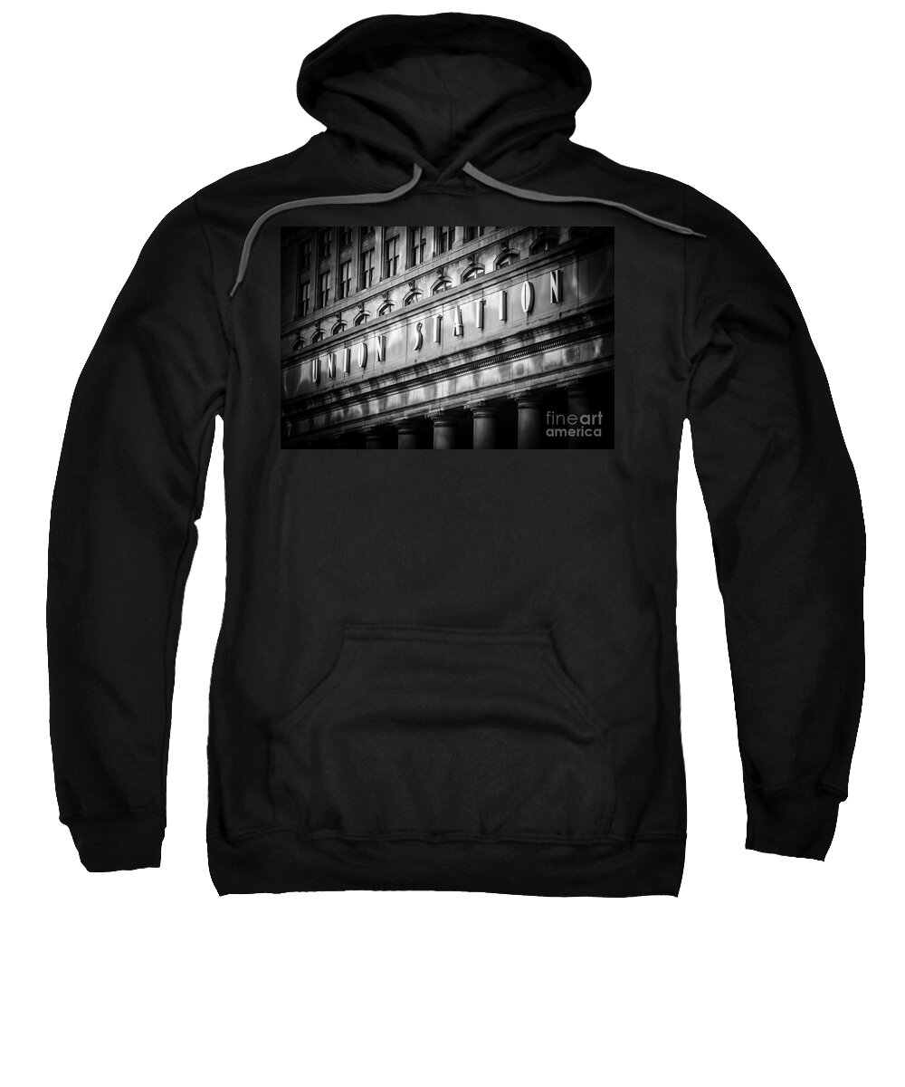 America Sweatshirt featuring the photograph Union Station Chicago Sign in Black and White by Paul Velgos