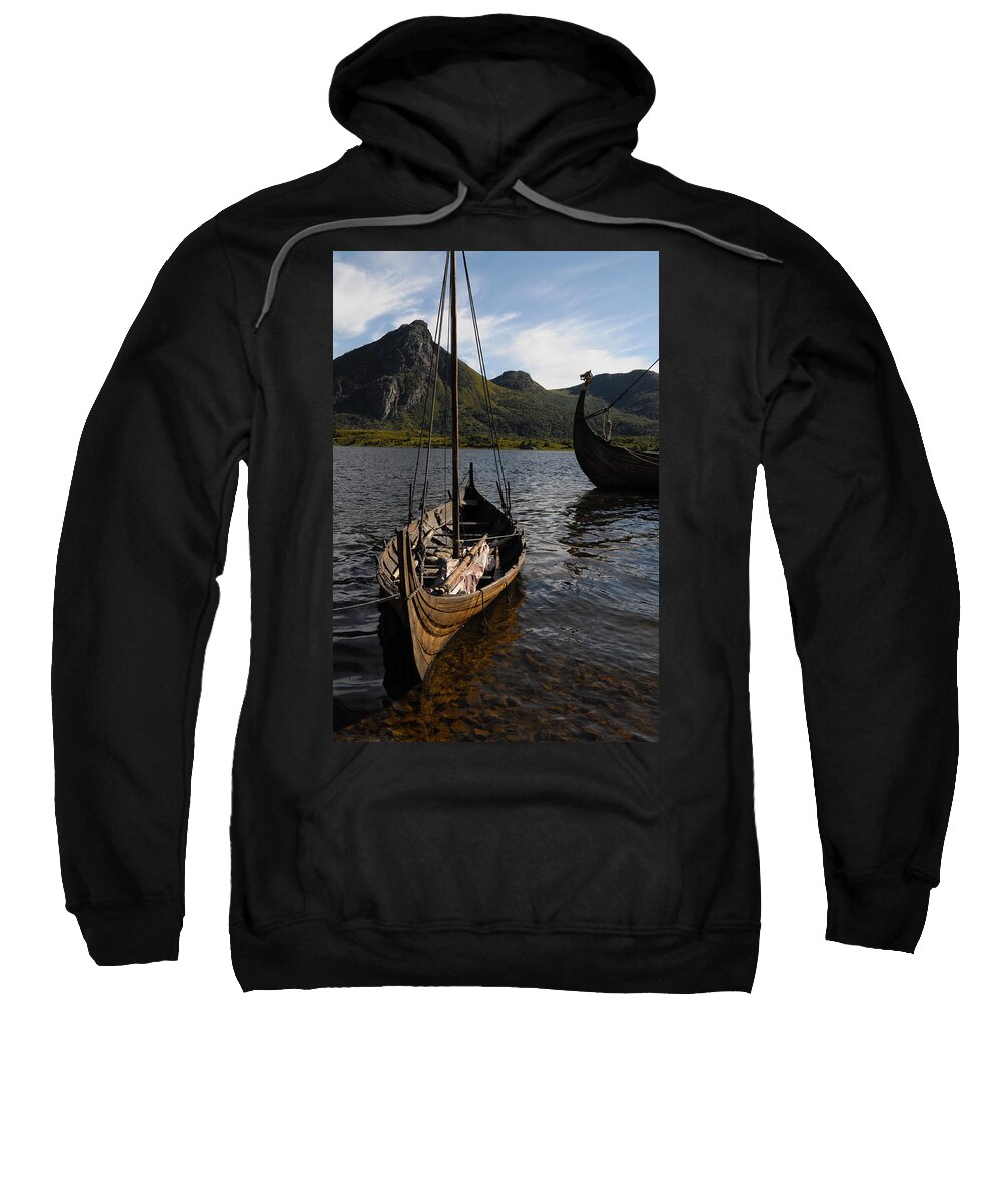 Bay Sweatshirt featuring the photograph Viking ship in a fjord by Ulrich Kunst And Bettina Scheidulin