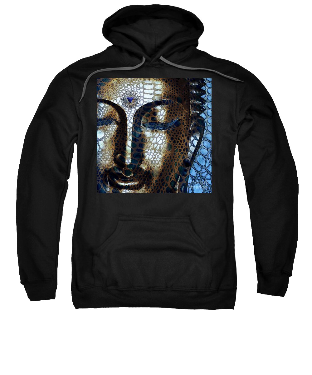 Buddha Sweatshirt featuring the digital art Web of Dharma - Modern Blue Buddha Art by Christopher Beikmann