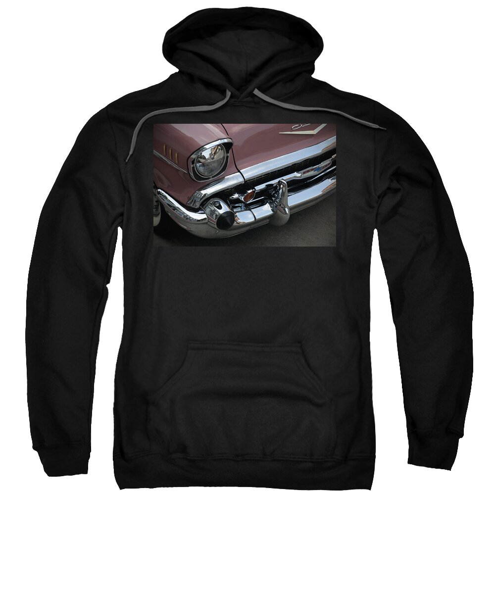 Chevy Sweatshirt featuring the painting 1957 coral Chevy Bel Air by Tim Nyberg