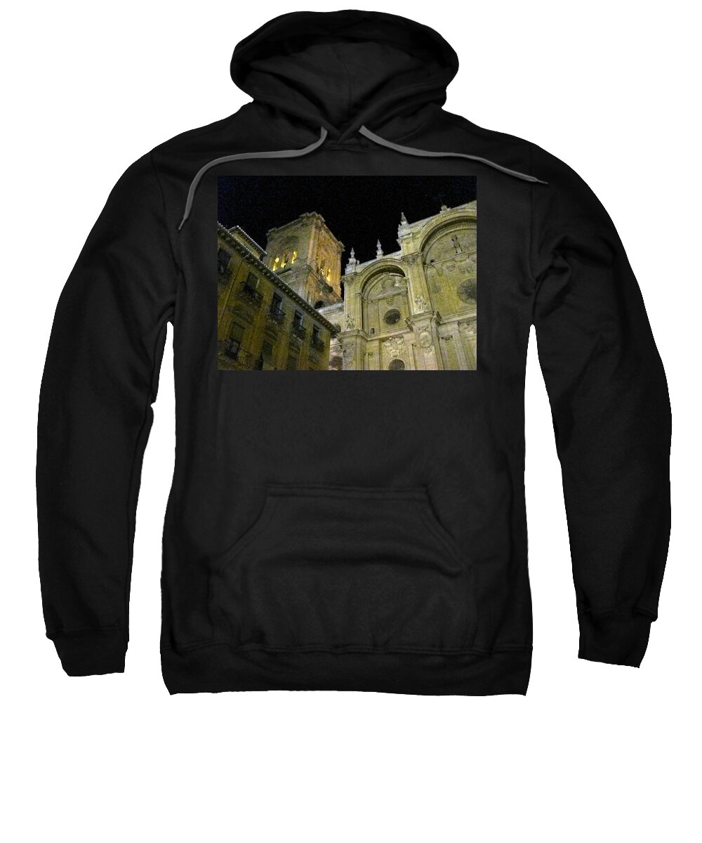 Cathedral Sweatshirt featuring the photograph Amazing Exterior Architecture of Cathedral At Night Granada Spain by John Shiron