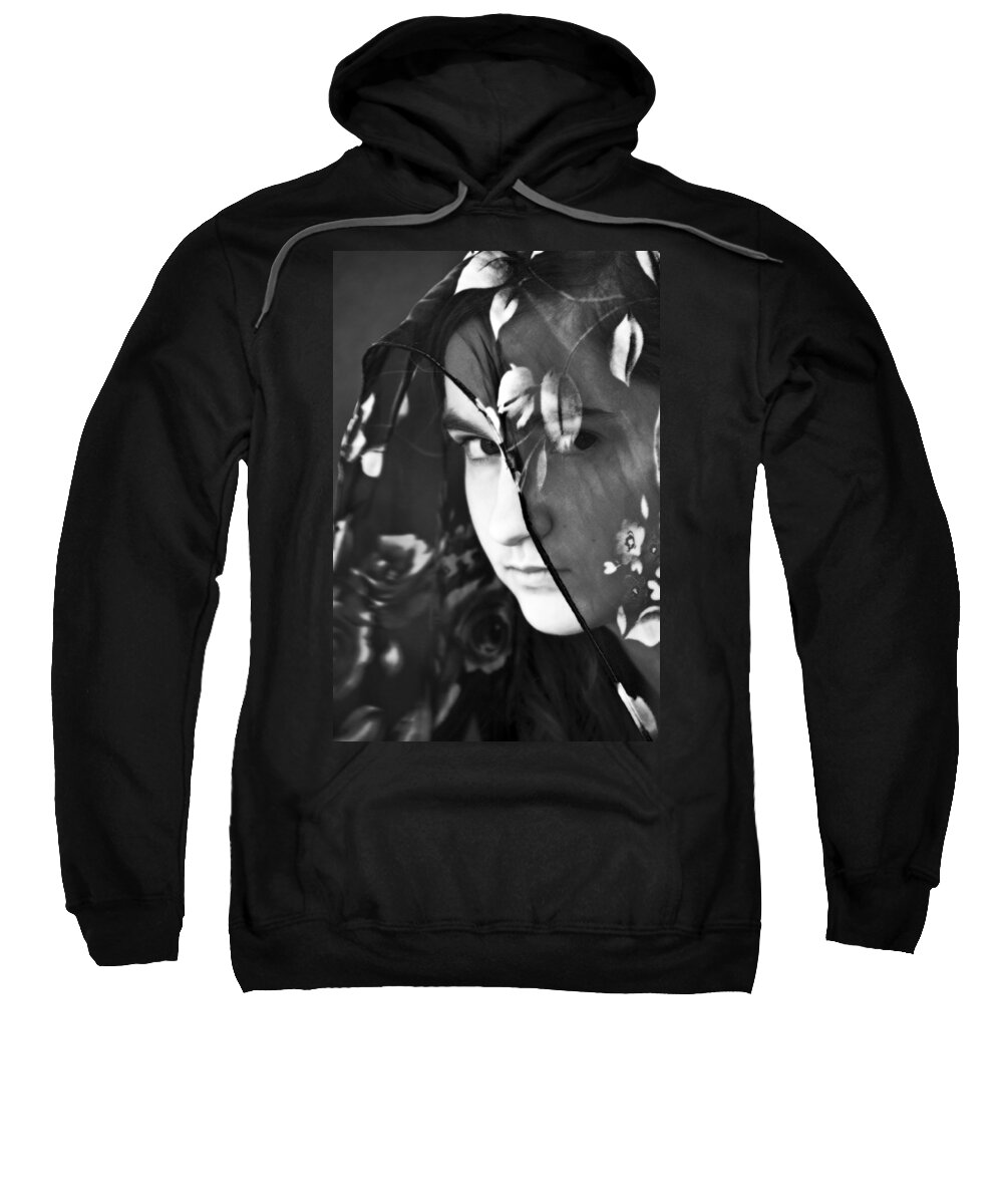 Girl Sweatshirt featuring the mixed media Girl With A Rose Veil 2 BW by Angelina Tamez