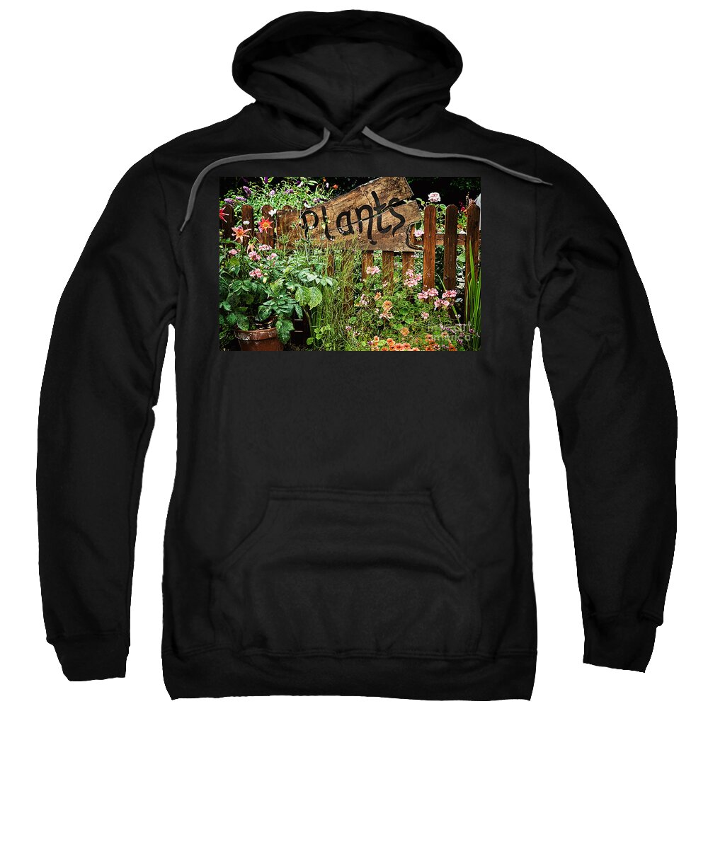 Plants Sweatshirt featuring the photograph Wooden plant sign in flowers by Simon Bratt