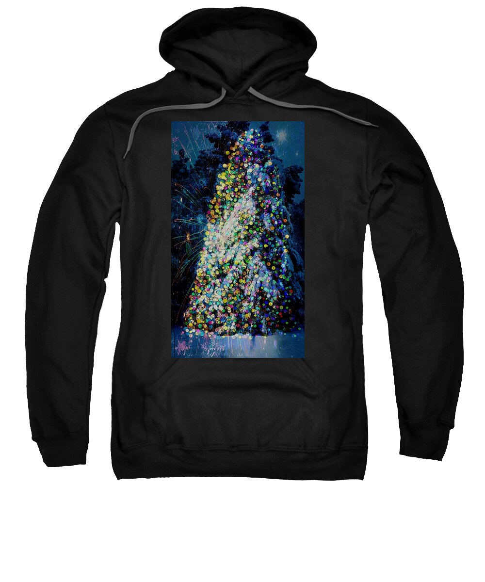 Snowy Forest At Night Sweatshirt featuring the digital art Night Forest Tree With Lights by Pamela Smale Williams
