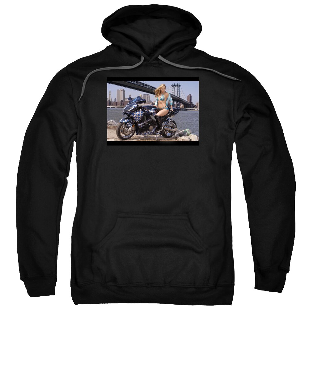 Phone Sweatshirt featuring the photograph Bike, Babe, and Bridge in the Big Apple by Lawrence Christopher