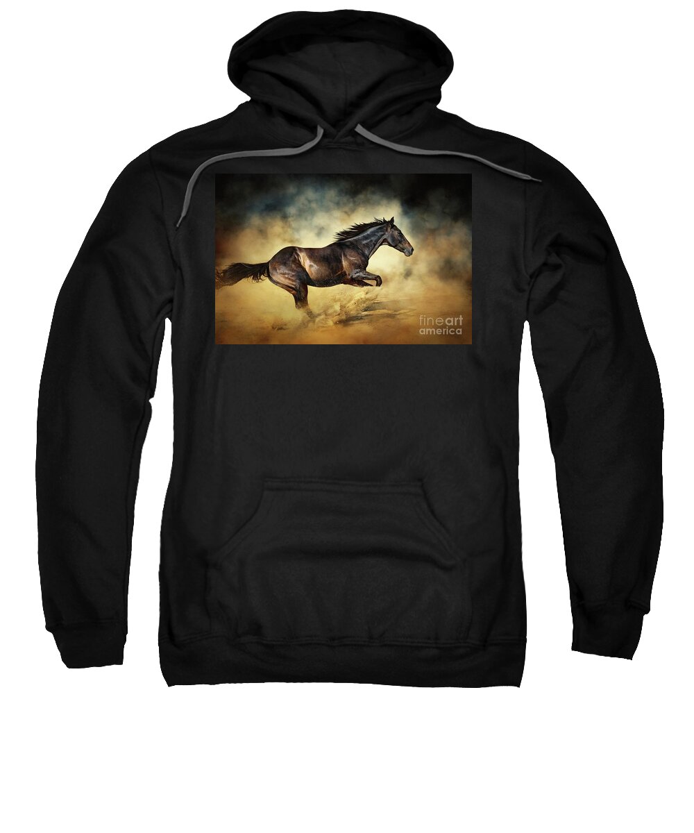 Horse Sweatshirt featuring the photograph Black Stallion horse Galloping like a devil by Dimitar Hristov