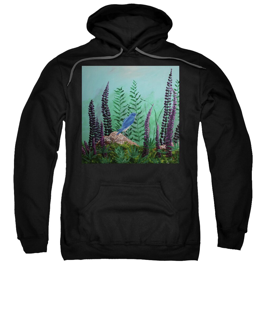 Acrylic Sweatshirt featuring the painting Blue chickadee standing on a rock 1 by Martin Valeriano
