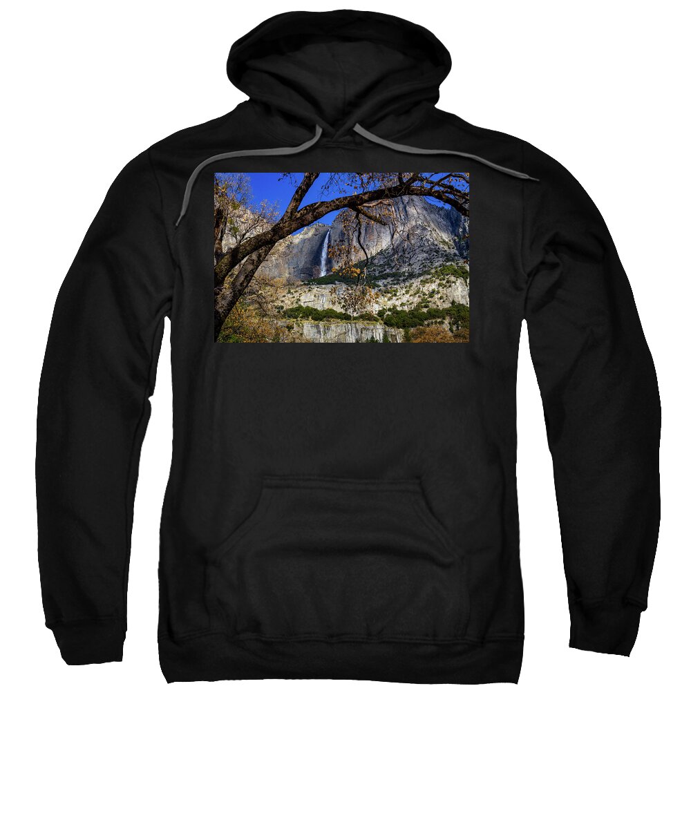  Fall Sweatshirt featuring the photograph Yosemite Falls framed by tree branch by Roslyn Wilkins