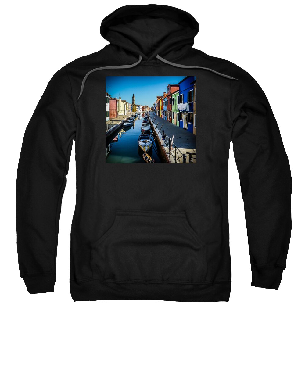 Burano Sweatshirt featuring the photograph Burano Canal Clothesline by Pamela Newcomb