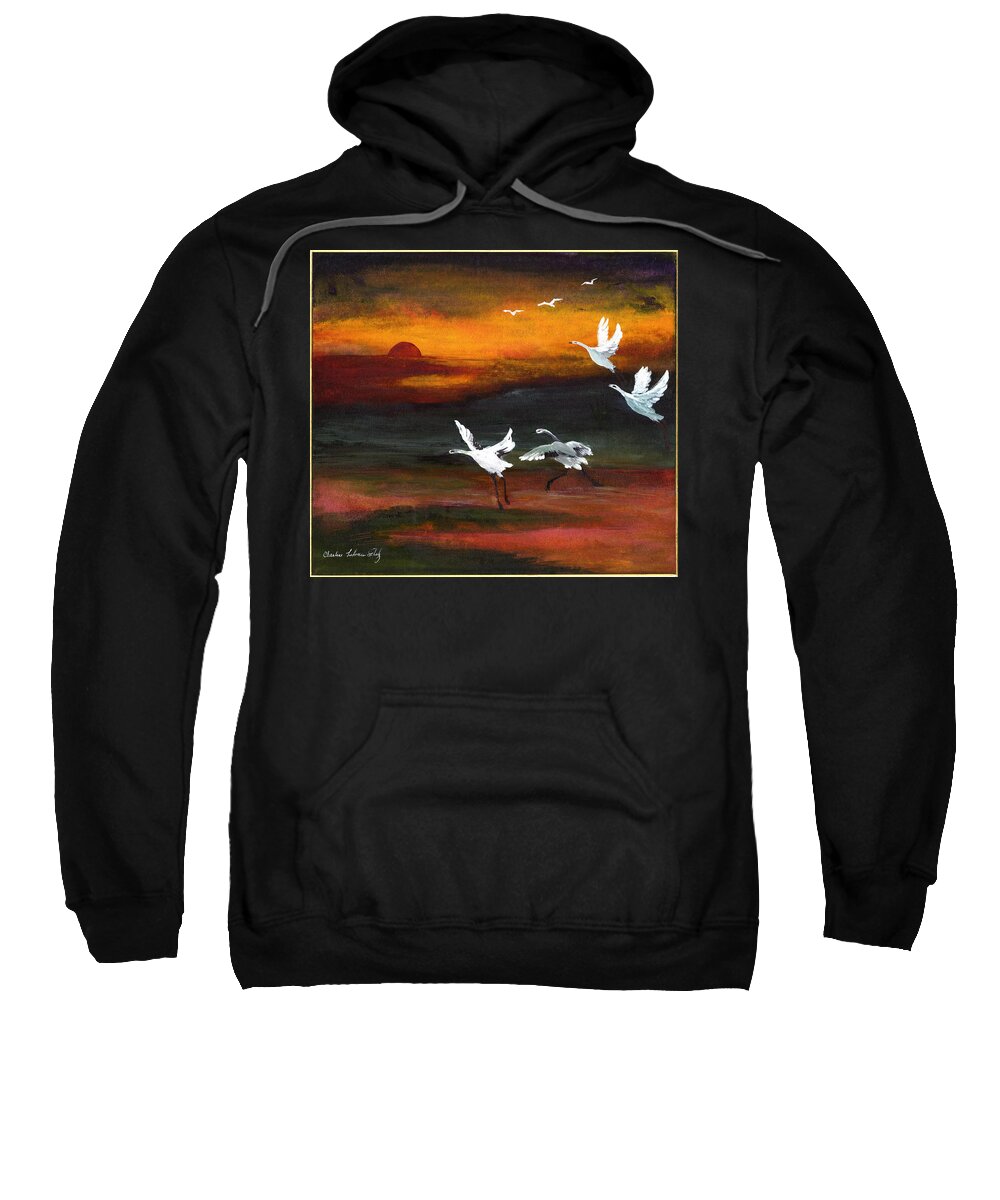 Cranes Sweatshirt featuring the painting Chasing the Sun by Charlene Fuhrman-Schulz