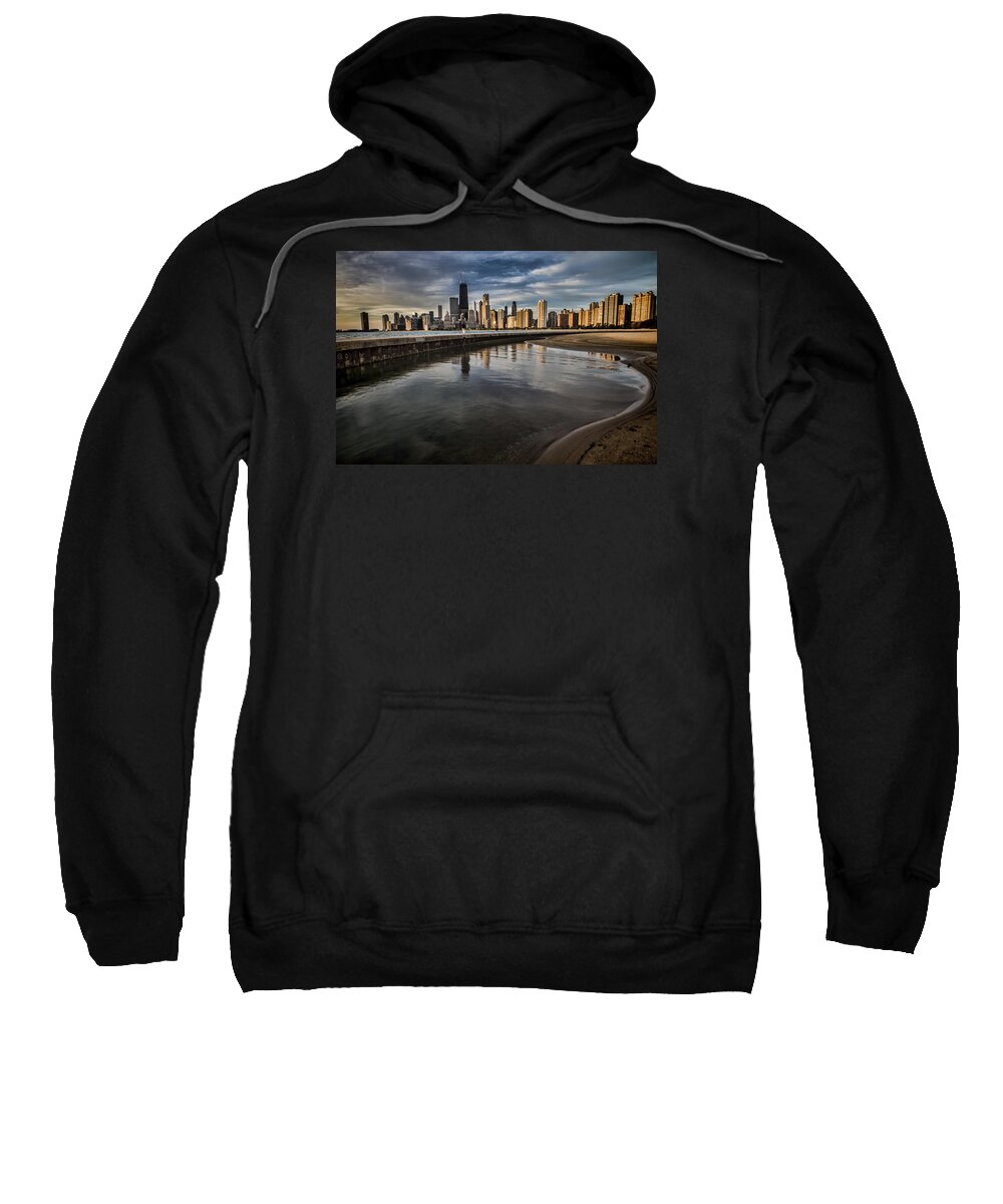 Chicago Sweatshirt featuring the photograph Chicago beach and Skyline with a person for scale by Sven Brogren