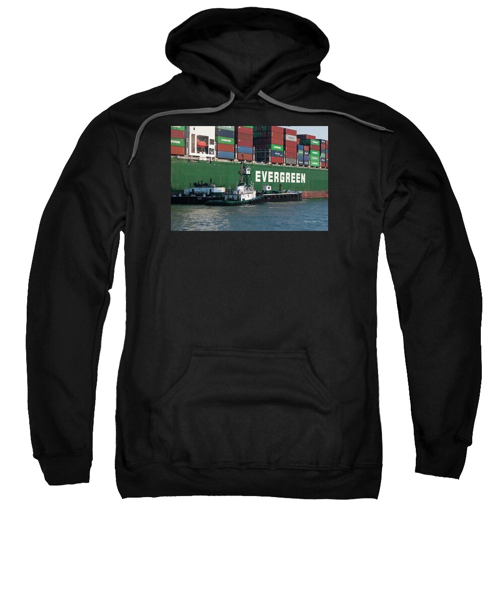 Photograph Sweatshirt featuring the photograph Container Ship with Tug Boats by Suzanne Gaff