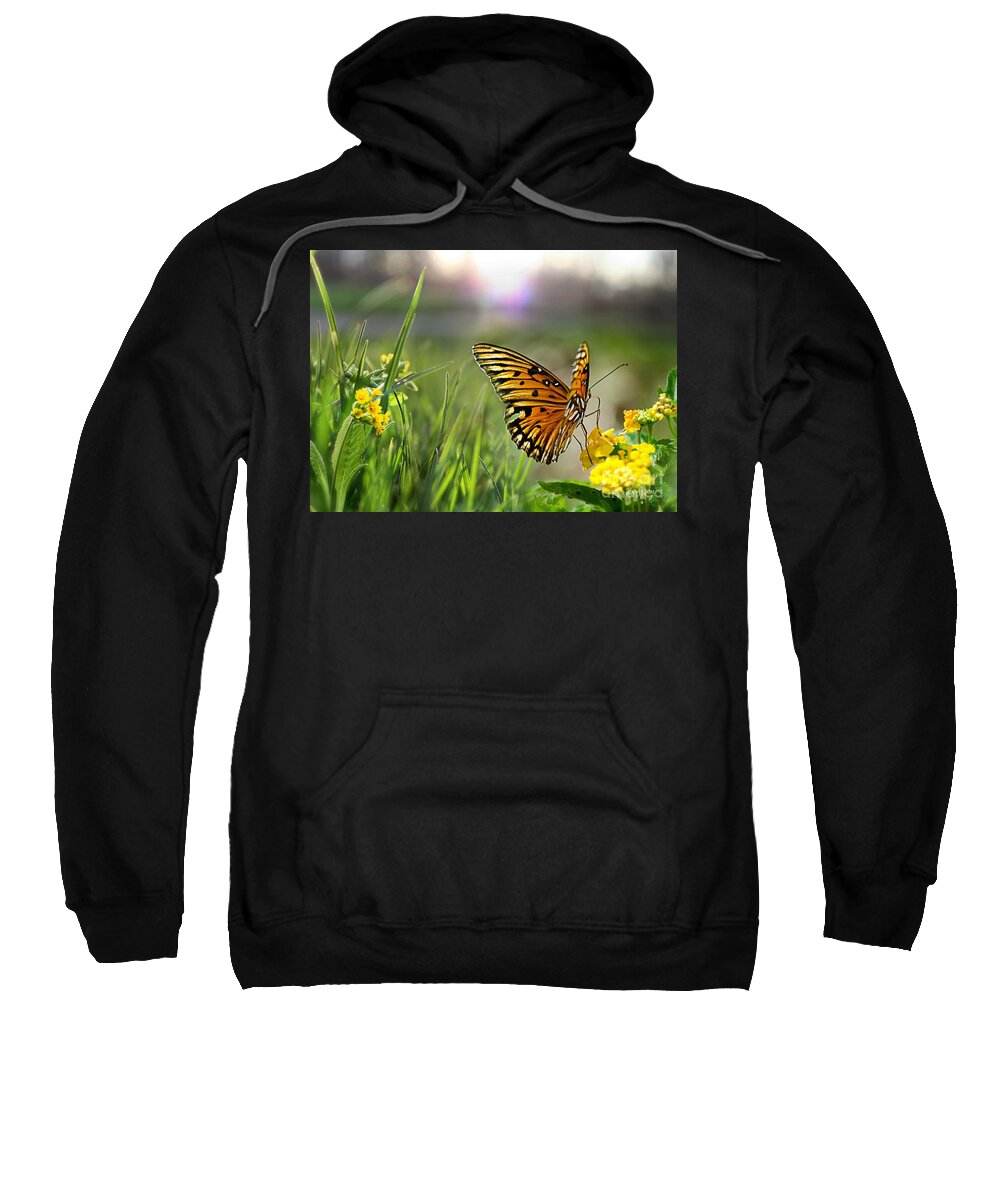 Butterfly Sweatshirt featuring the mixed media Dancing in the Light by Morag Bates
