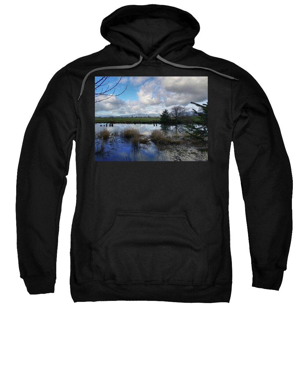 Landscape Sweatshirt featuring the photograph Flooding River, Field and Clouds by Chriss Pagani