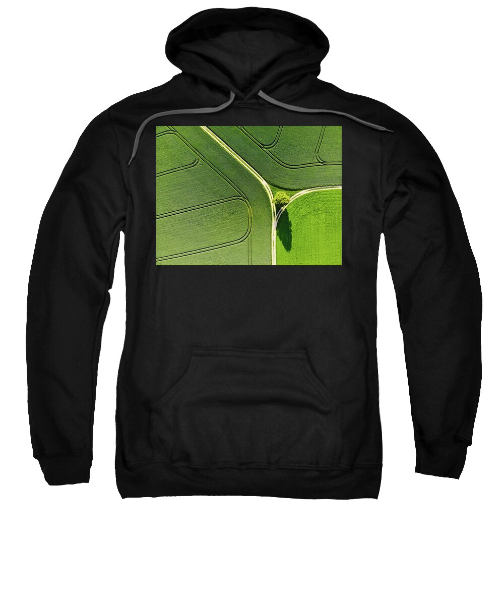 Green Landscape Sweatshirt featuring the photograph Geometric landscape 05 Tree and green fields aerial view by Matthias Hauser