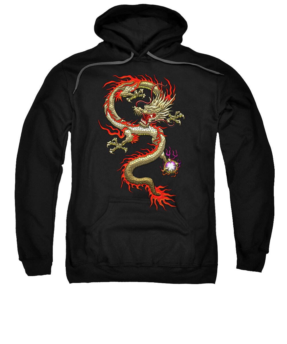 'treasures Of China' Collection By Serge Averbukh Sweatshirt featuring the digital art Golden Chinese Dragon Fucanglong on Black Silk by Serge Averbukh