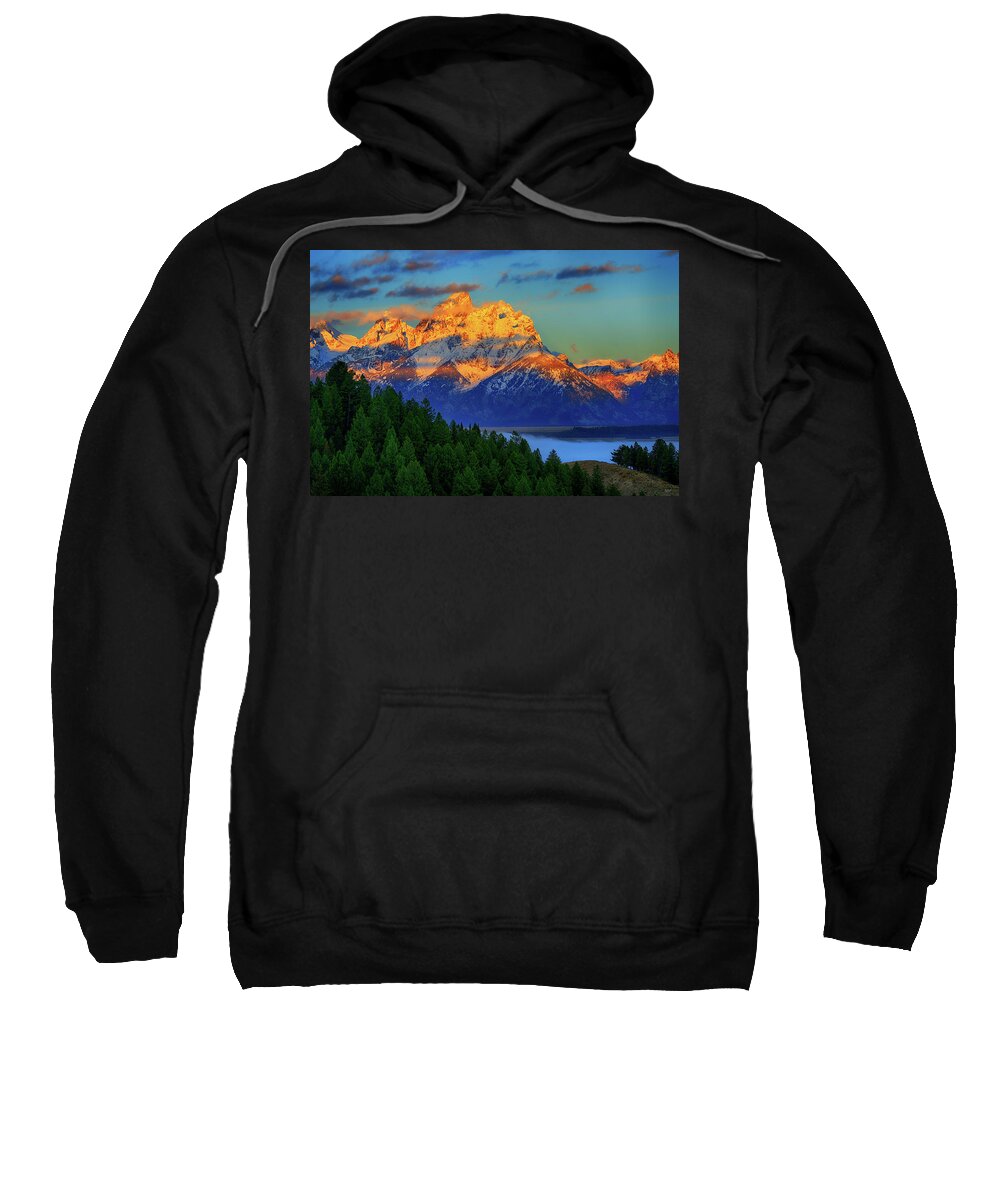 Grand Teton National Park Sweatshirt featuring the photograph Grand Teton Alpenglow by Greg Norrell