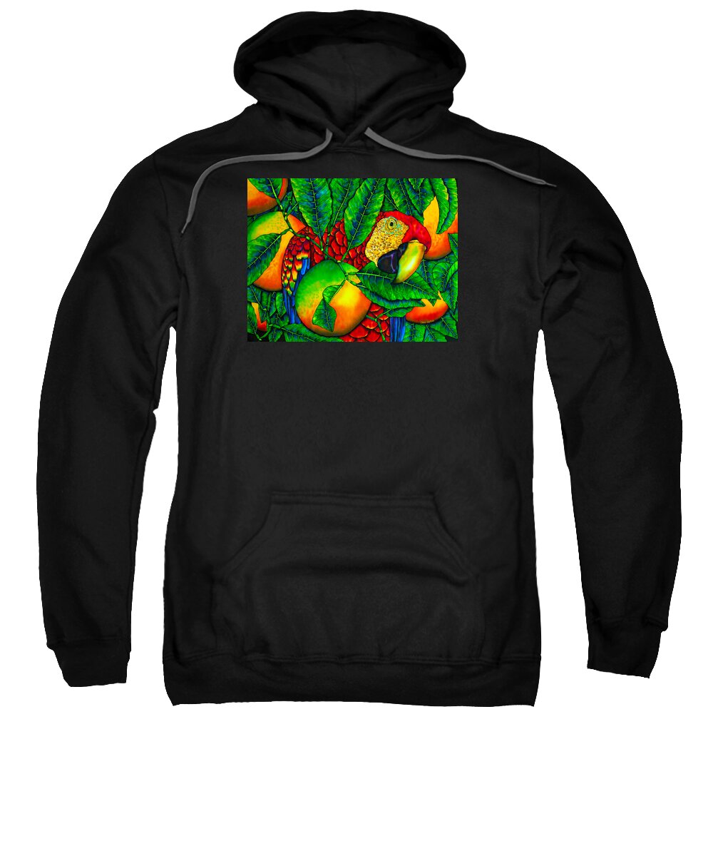 Scarlet Macaw Sweatshirt featuring the painting Macaw and Oranges - Exotic Bird by Daniel Jean-Baptiste