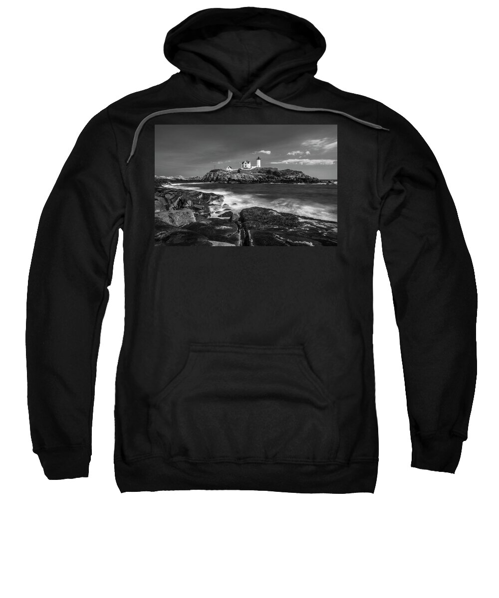 Maine Sweatshirt featuring the photograph Maine Cape Neddick Lighthouse in BW by Ranjay Mitra