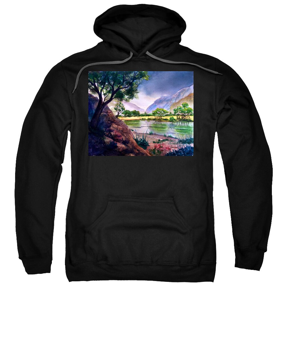 Mountains Sweatshirt featuring the painting Mountain Lake Memories by Frank SantAgata