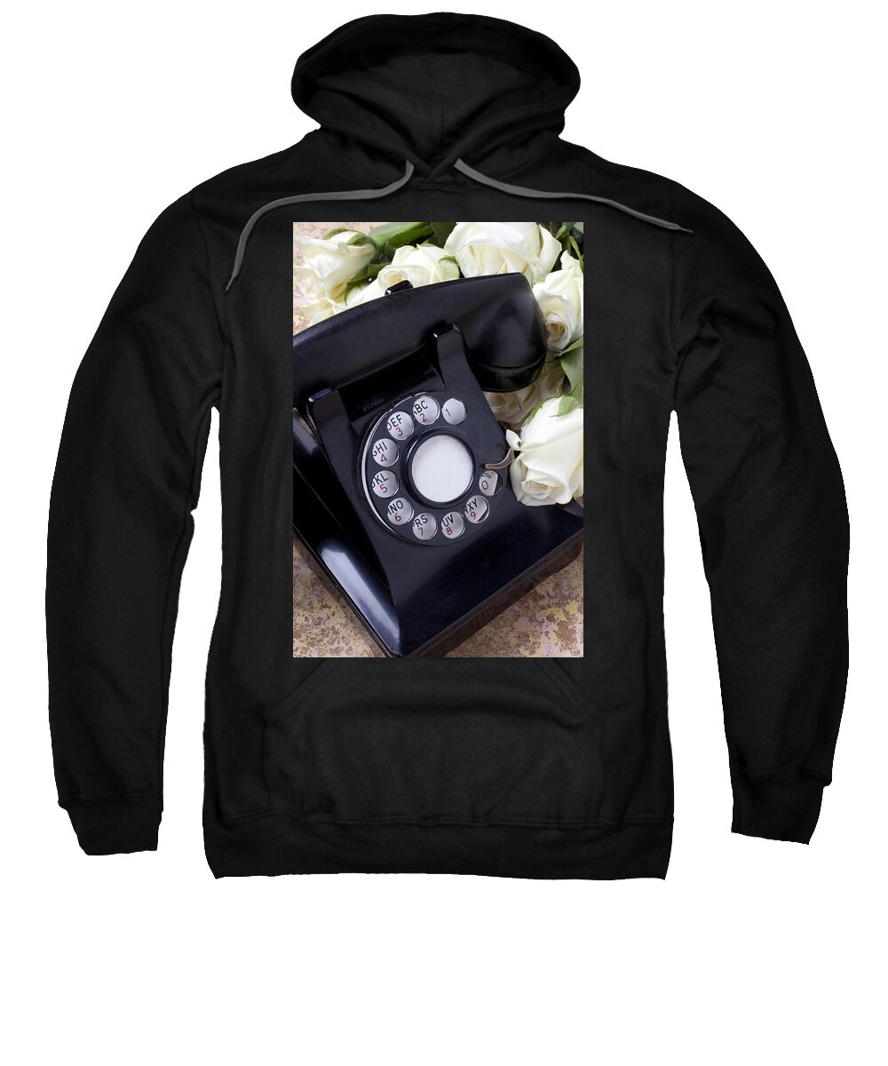 Old Sweatshirt featuring the photograph Old phone and white roses by Garry Gay
