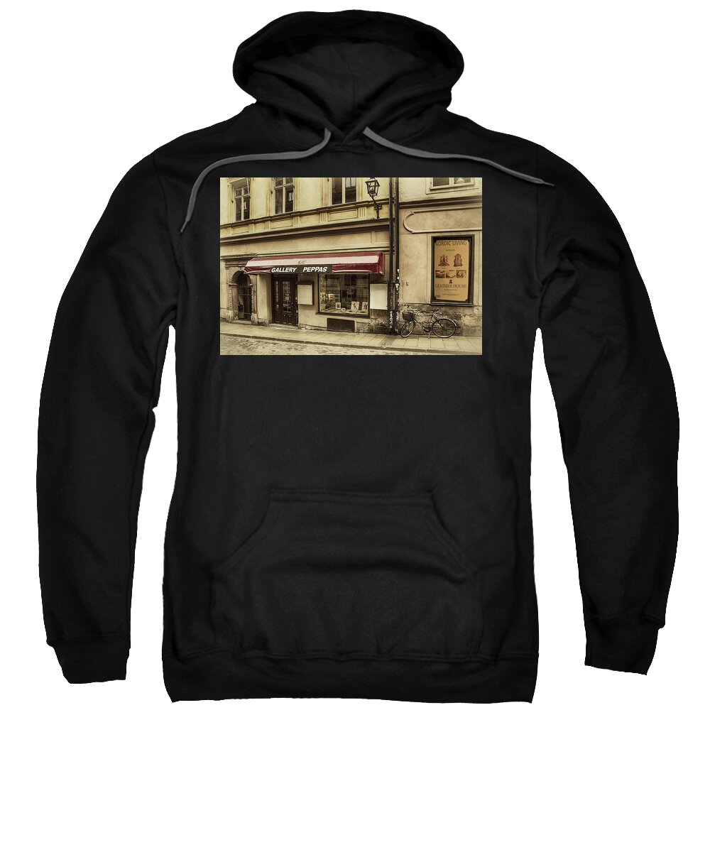 Stockholm; Sweden; Gallery; Art Gallery; Bike; Bicycle; Street; Europe Sweatshirt featuring the photograph Parked By A Gallery by Mick Burkey