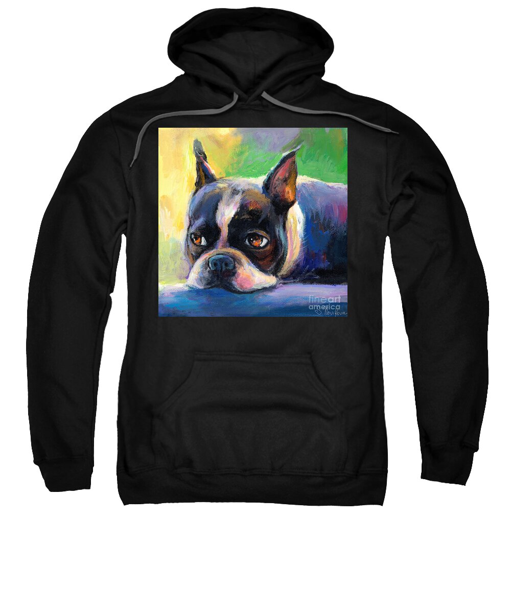 Boston Terrier Dog Sweatshirt featuring the painting Pensive Boston Terrier dog painting by Svetlana Novikova