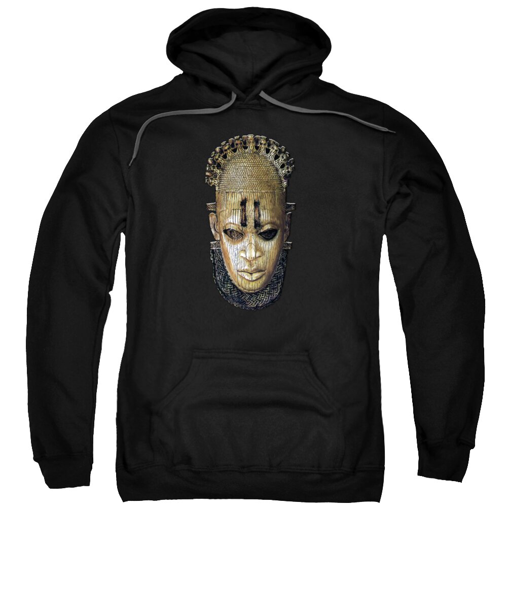 'treasures Of Africa' Collection By Serge Averbukh Sweatshirt featuring the digital art Queen Mother Idia - Ivory Hip Pendant Mask - Nigeria - Edo Peoples - Court of Benin on Red Velvet by Serge Averbukh