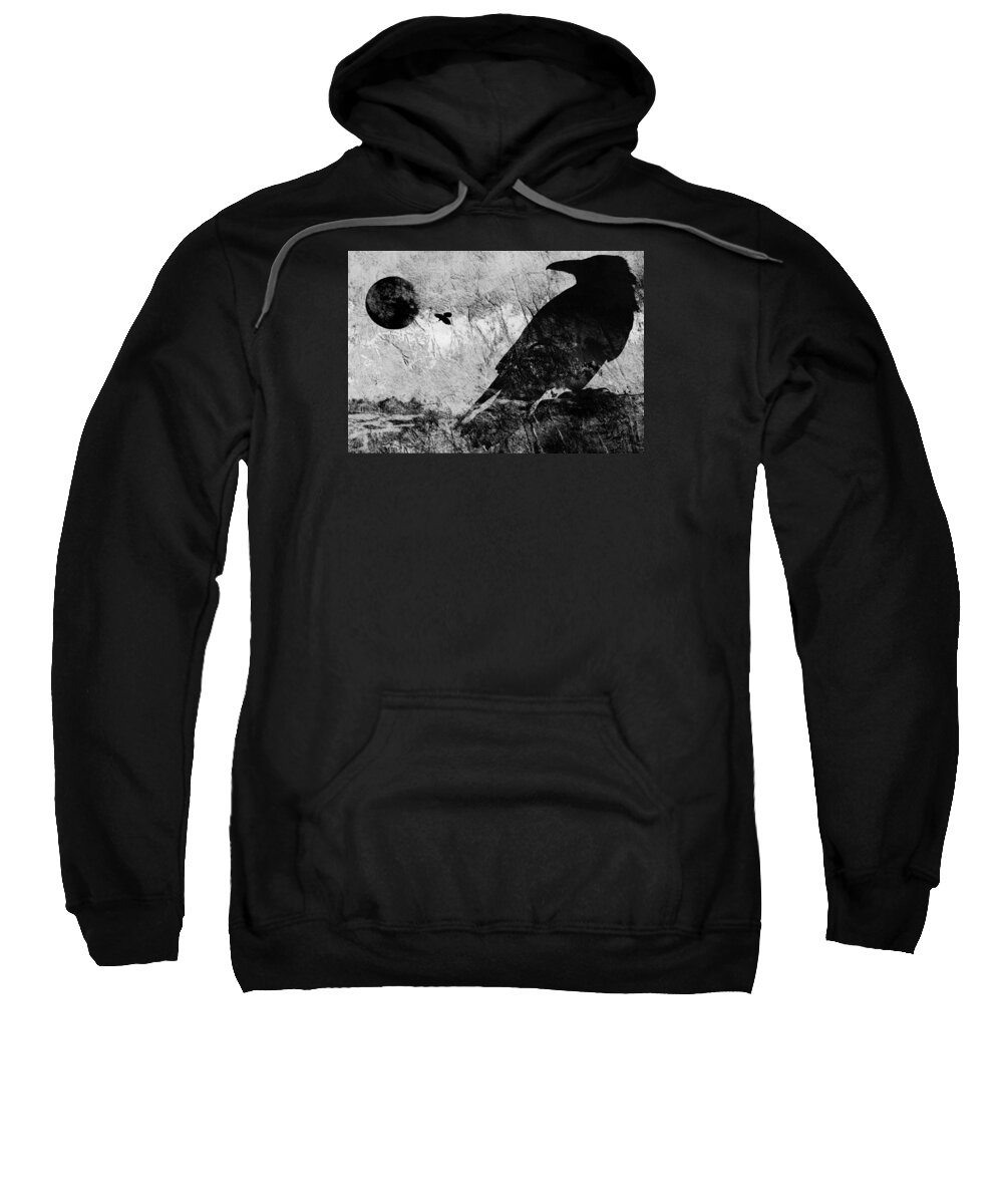 Ravens Sweatshirt featuring the digital art Raven Watching black and white by Sandra Selle Rodriguez
