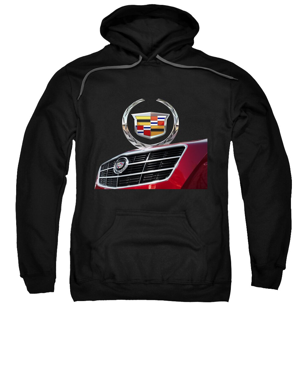 'auto Badges' By Serge Averbukh Sweatshirt featuring the photograph Red Cadillac C T S - Front Grill Ornament and 3D Badge on Black by Serge Averbukh