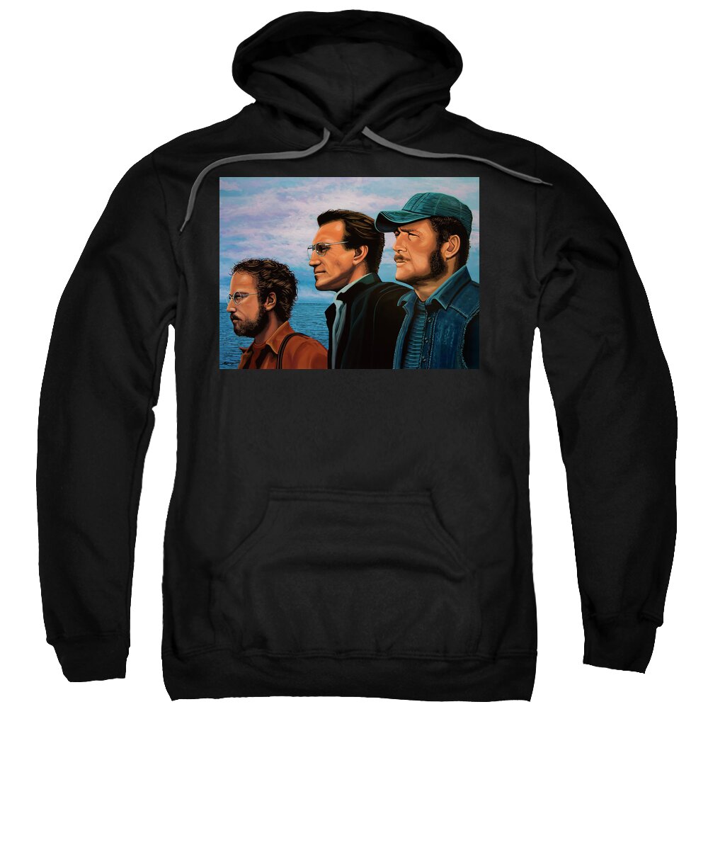 Jaws Sweatshirt featuring the painting Jaws with Richard Dreyfuss, Roy Scheider and Robert Shaw by Paul Meijering