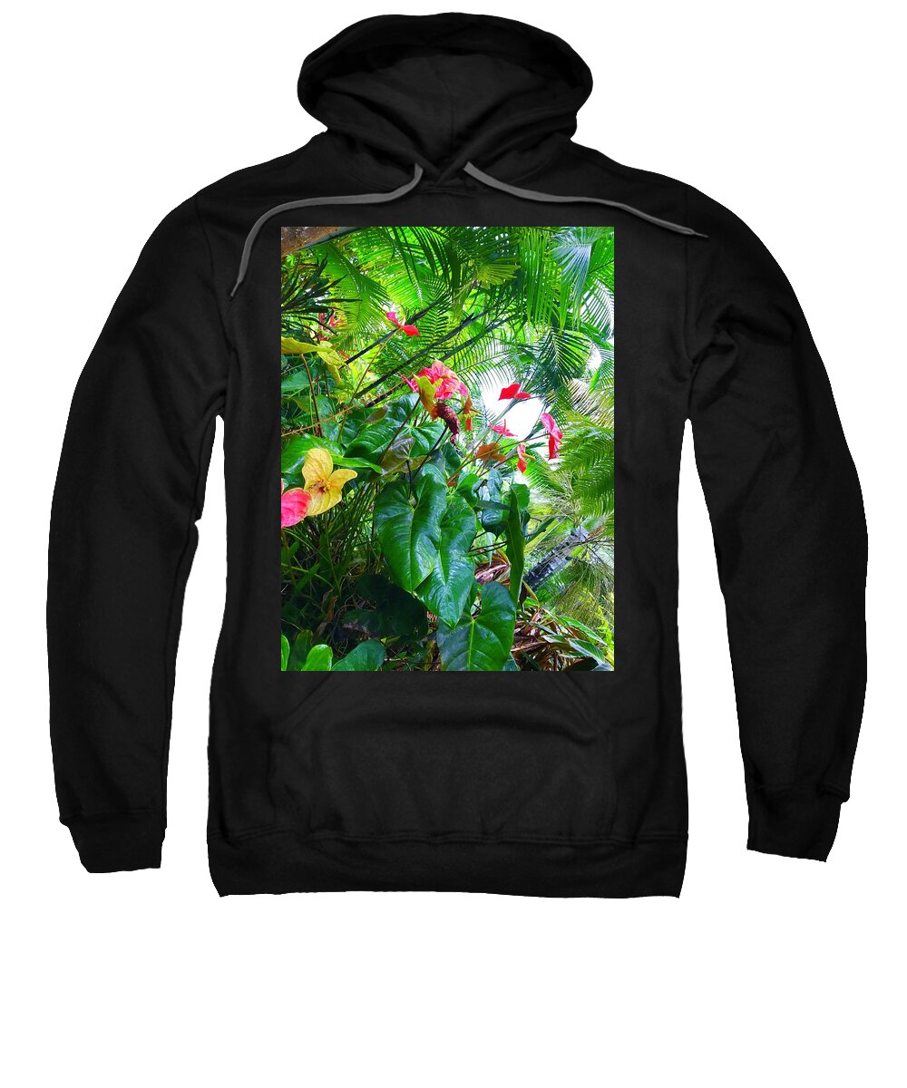 #flowersofaloha #flowers # Flowerpower #aloha #hawaii #aloha #puna #pahoa #thebigisland #anthuriums #ferns Sweatshirt featuring the photograph Robins Garden with Anthuriums and Ferns by Joalene Young