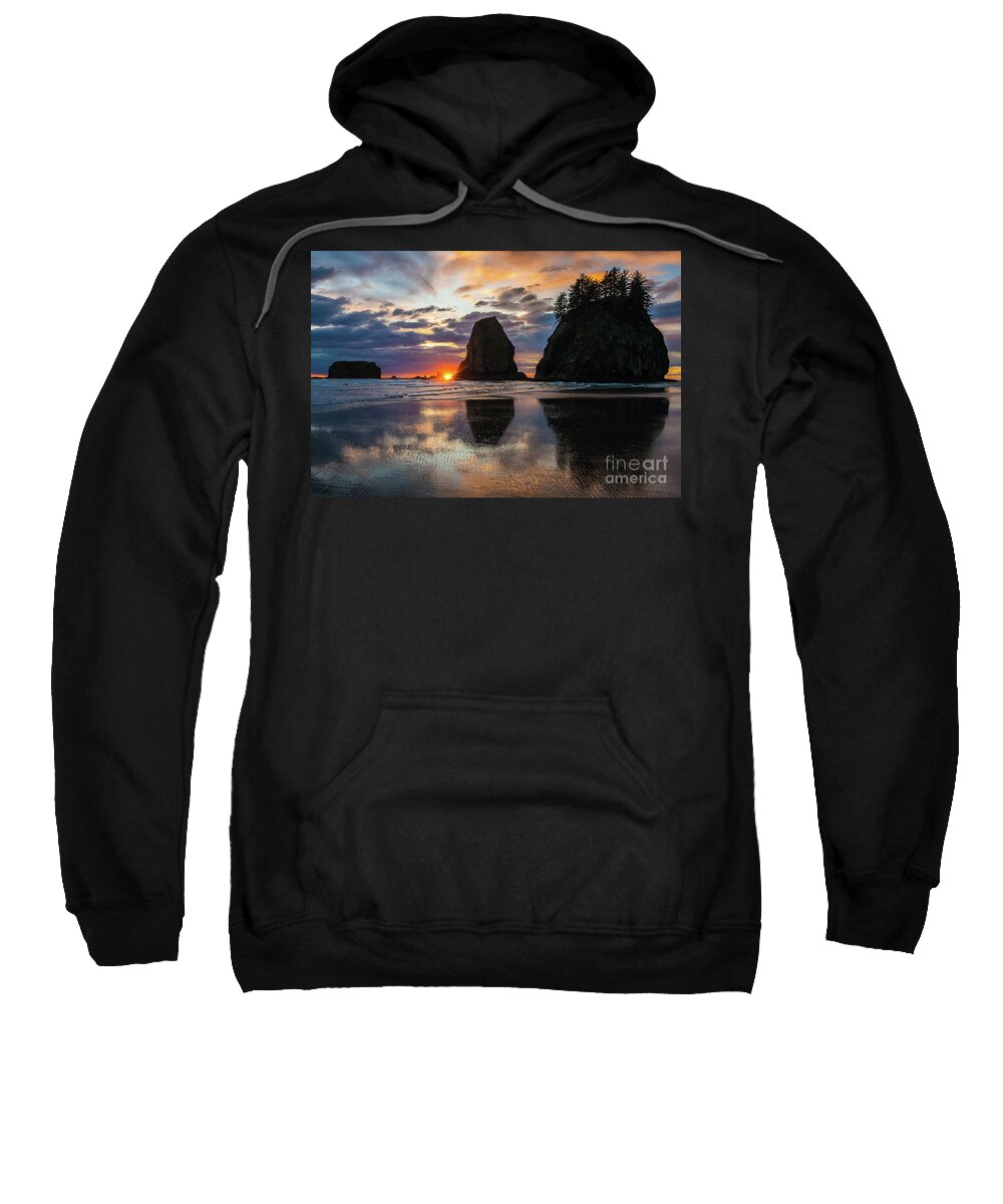 Washington Coast Sweatshirt featuring the photograph Second Beach Seastacks Sunstar Sunset by Mike Reid