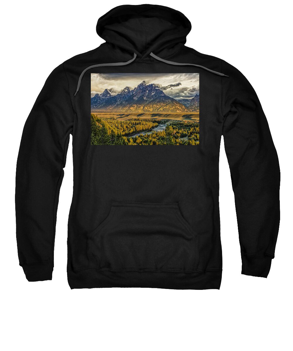 Grand Teton National Park Sweatshirt featuring the photograph Stormy Sunrise over the Grand Tetons and Snake River by Josh Bryant