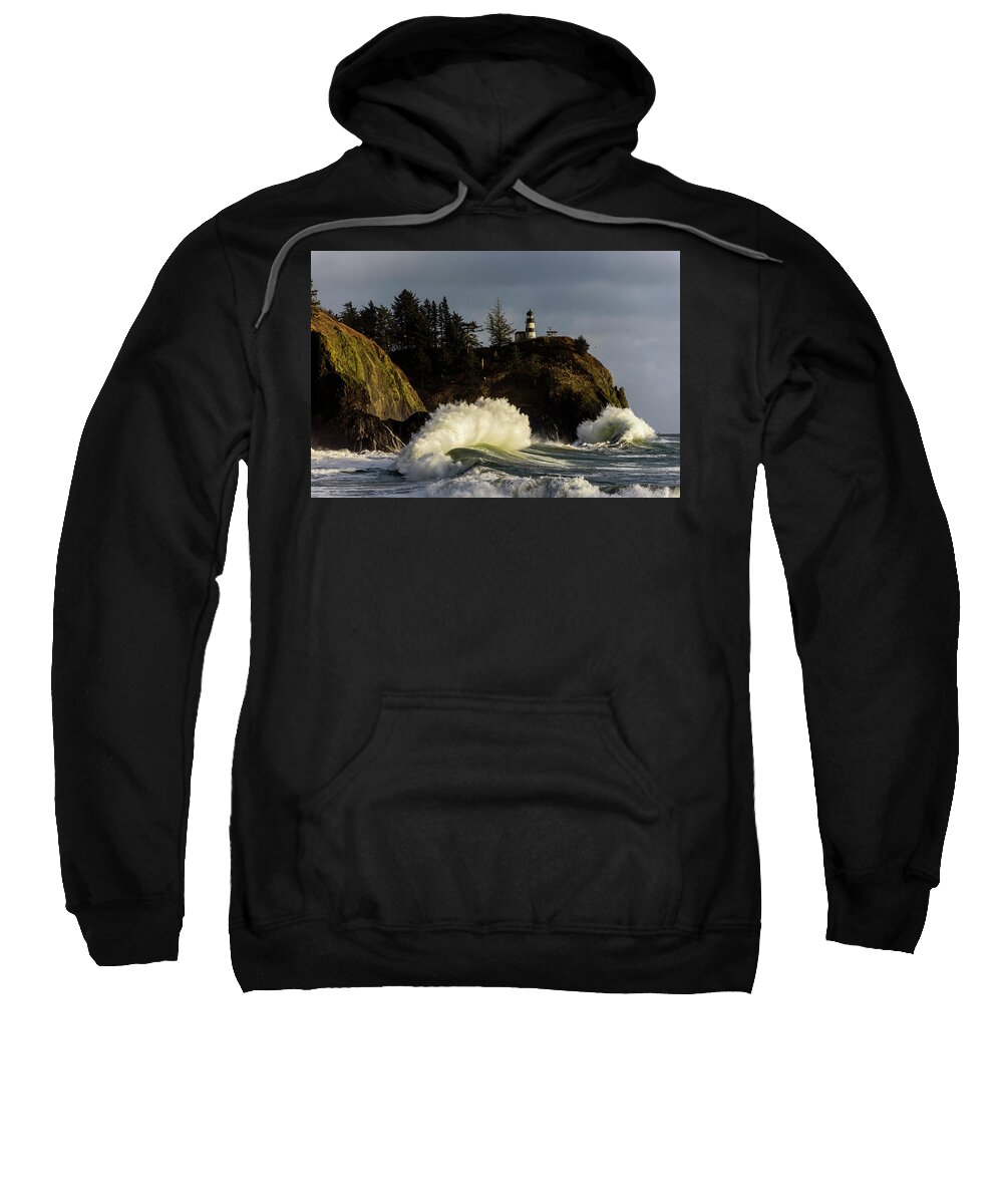 Cape Disappointment Sweatshirt featuring the photograph Sun and Surf With Lighthouse by Robert Potts
