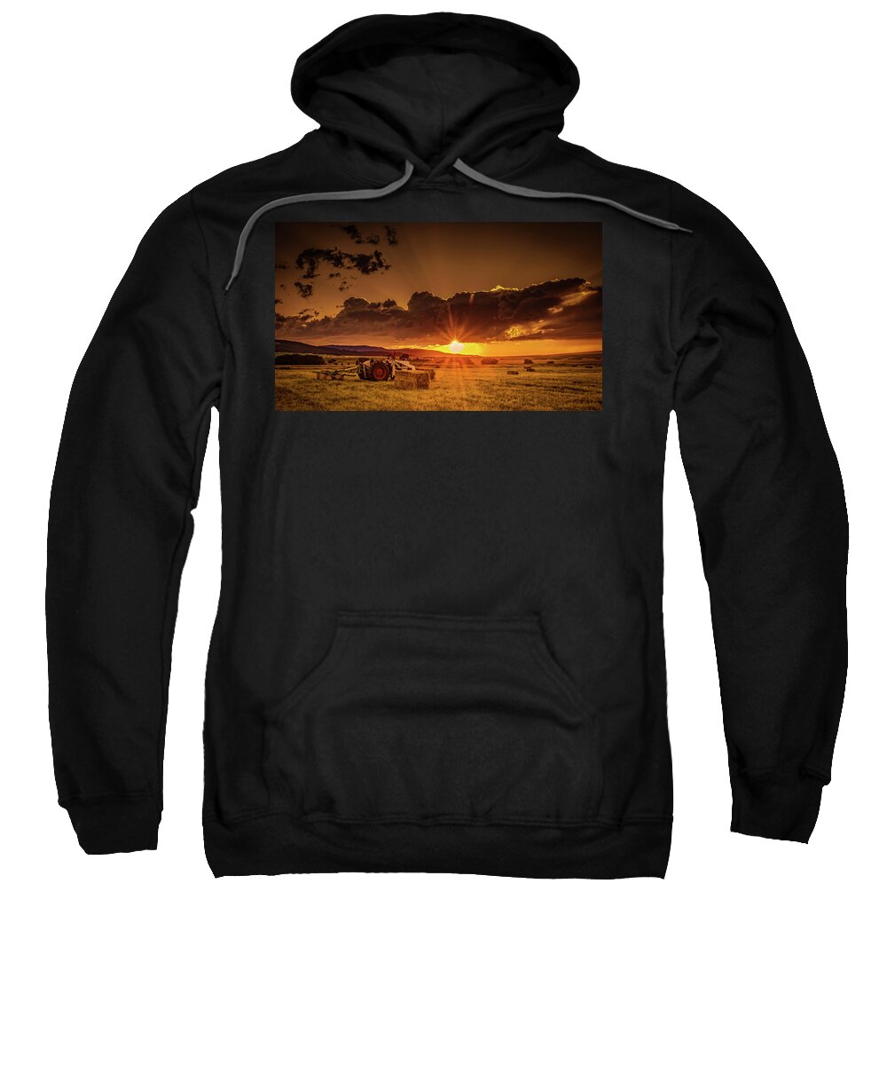 Tractor Sweatshirt featuring the photograph Sunset in the Hay Field by Don Schwartz